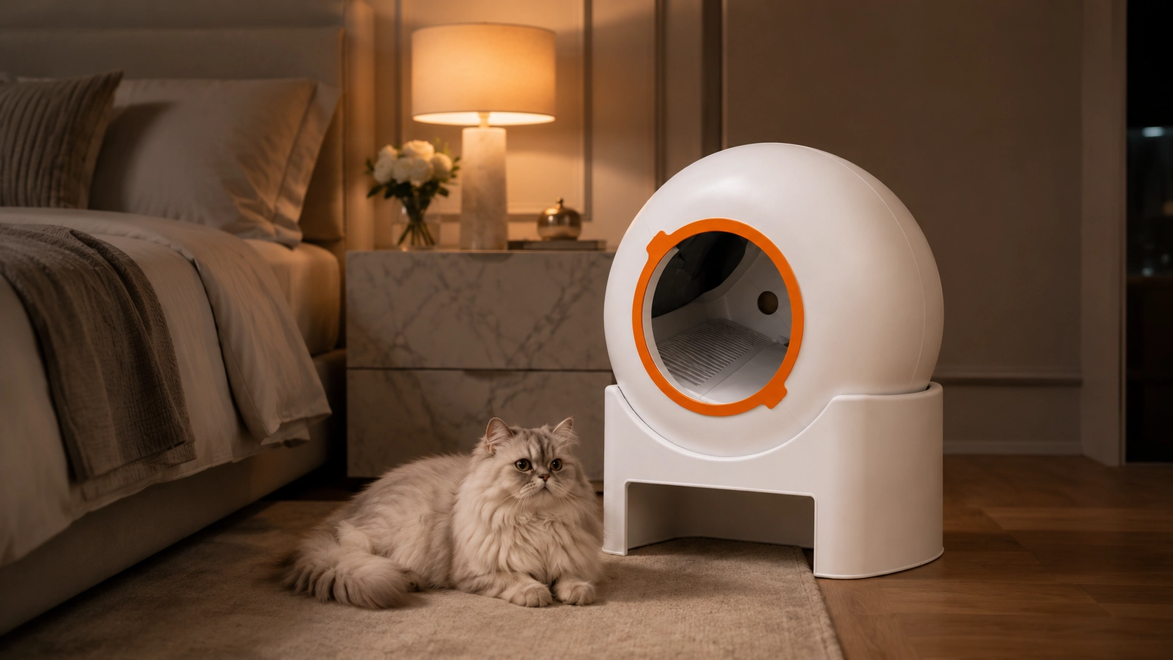 LumenGlow Smart Self-Cleaning Litter Box · Serene Nighttime Bedroom · GuardLynx