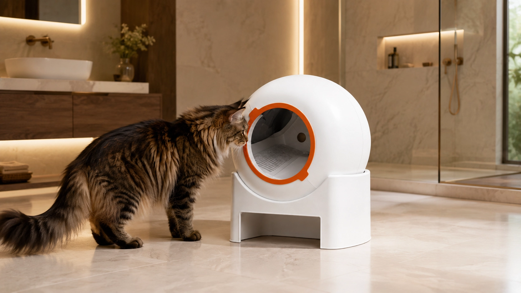 LumenGlow Smart Self-Cleaning Litter Box · Smart Odor Control in the Bathroom · GuardLynx
