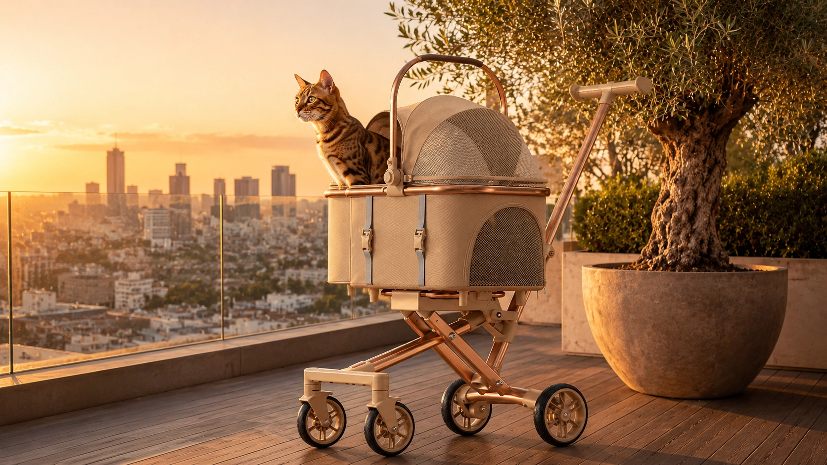 GuardLynx Lightweight Aluminum Pet Stroller · Sunset Hour on the Balcony · GuardLynx