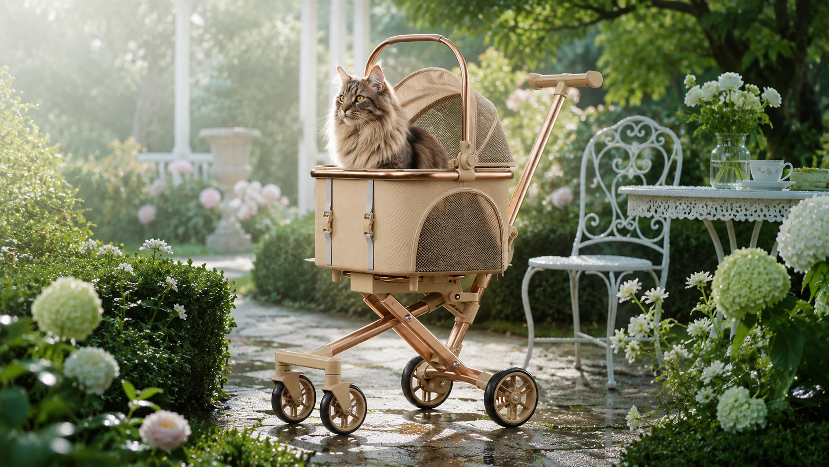 GuardLynx Lightweight Aluminum Pet Stroller · Morning Stroll in the Garden · GuardLynx
