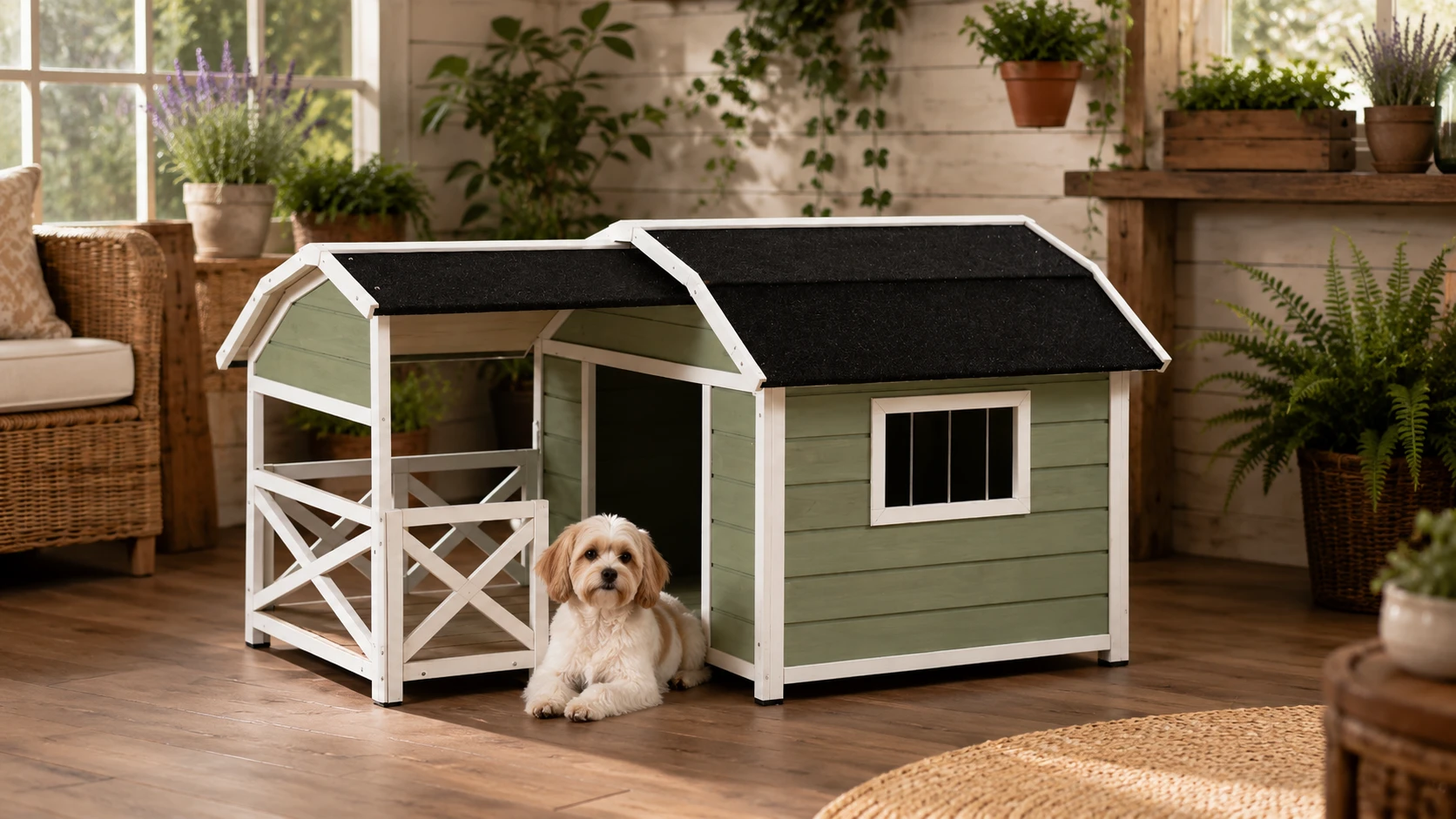 GuardHound Double Roof Outdoor Wooden Dog House · Pine Shadow Moss · GuardHound DOG