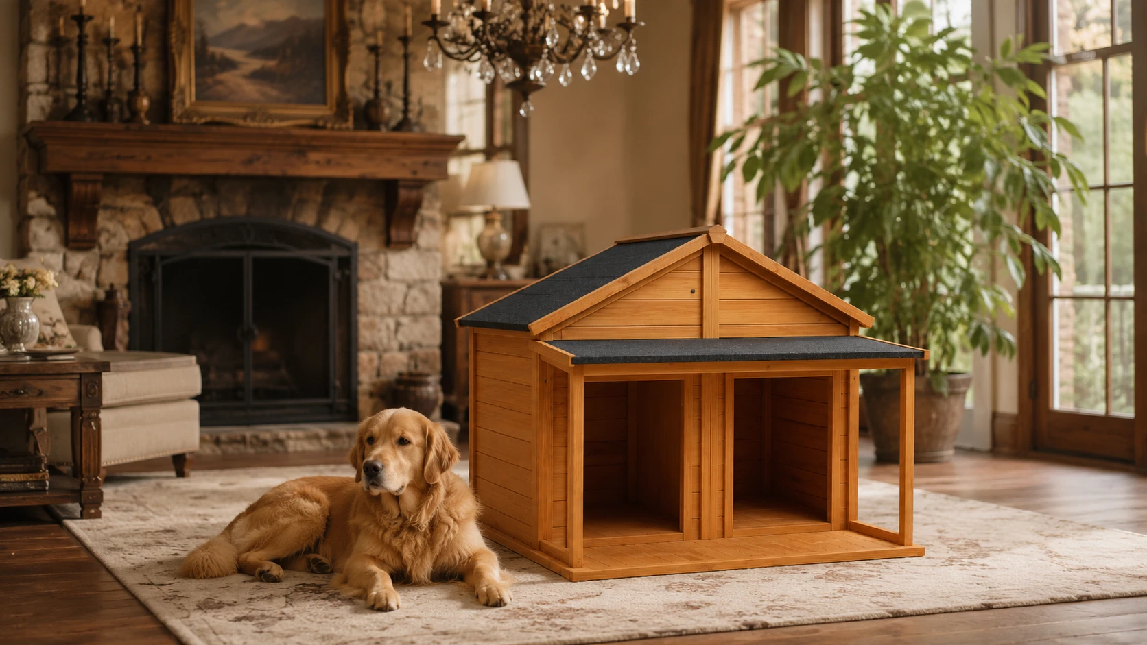 Solid Wood Dual-Compartment Rainproof Pet House · GuardHound DOG