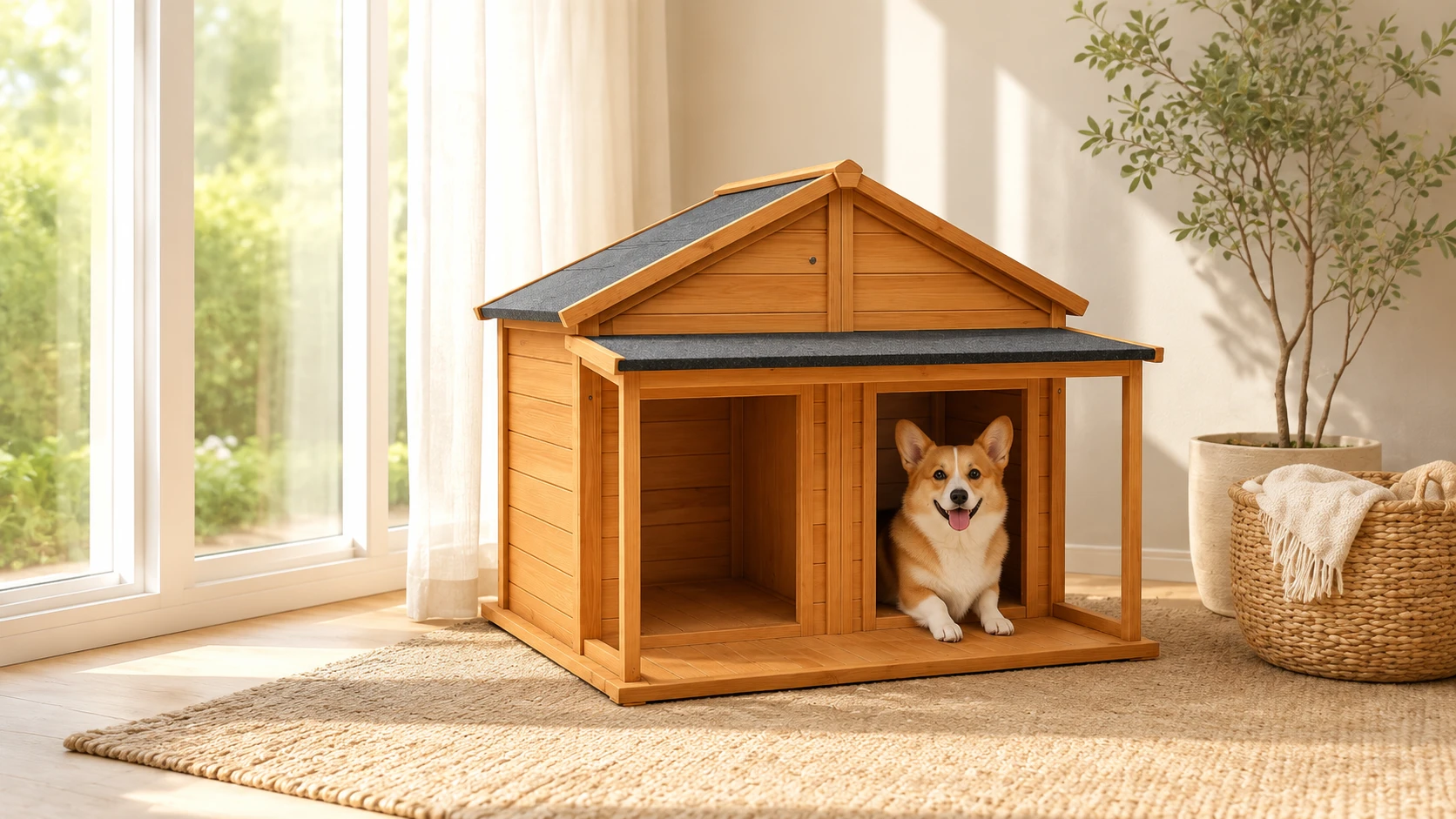 Solid Wood Dual-Compartment Rainproof Pet House · Dual Compartment Design · GuardHound DOG