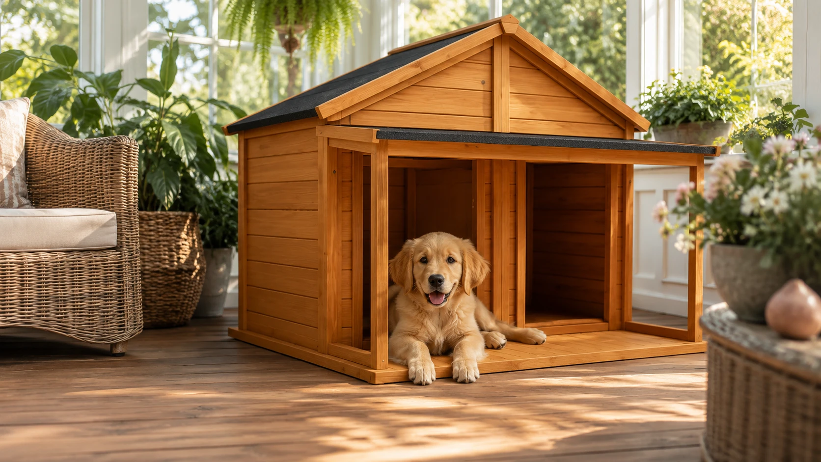Solid Wood Dual-Compartment Rainproof Pet House · Overhanging Eaves · GuardHound DOG