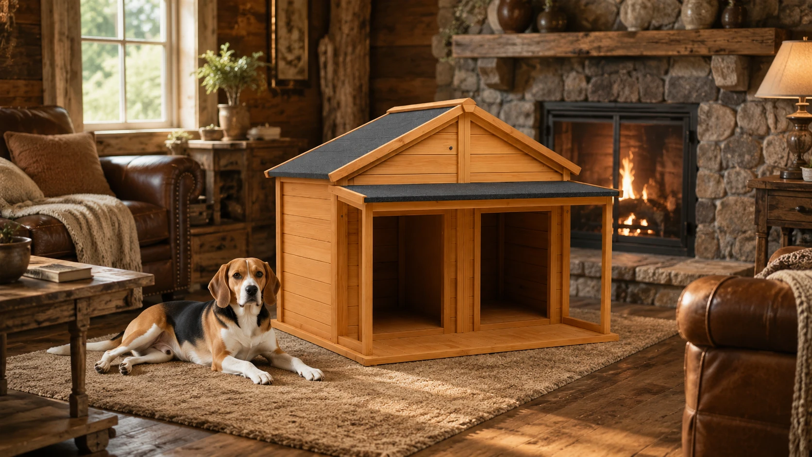 Solid Wood Dual-Compartment Rainproof Pet House · Sloped Roof · GuardHound DOG