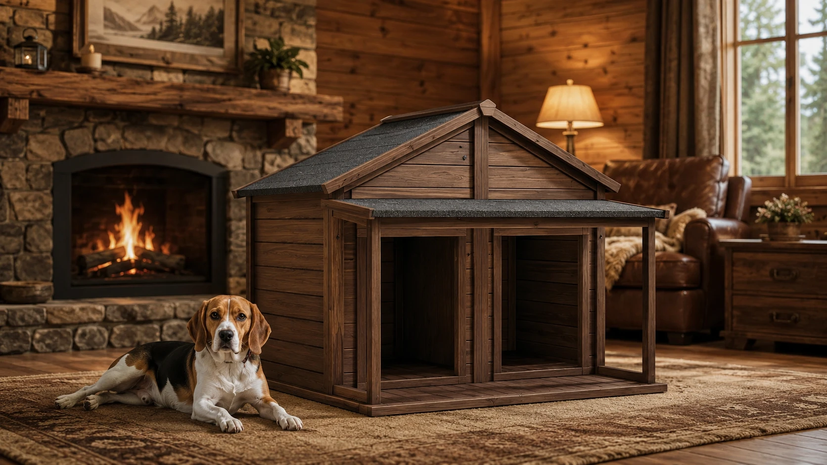 Solid Wood Dual-Compartment Rainproof Pet House · Antique Wood Deep Brown · GuardHound DOG