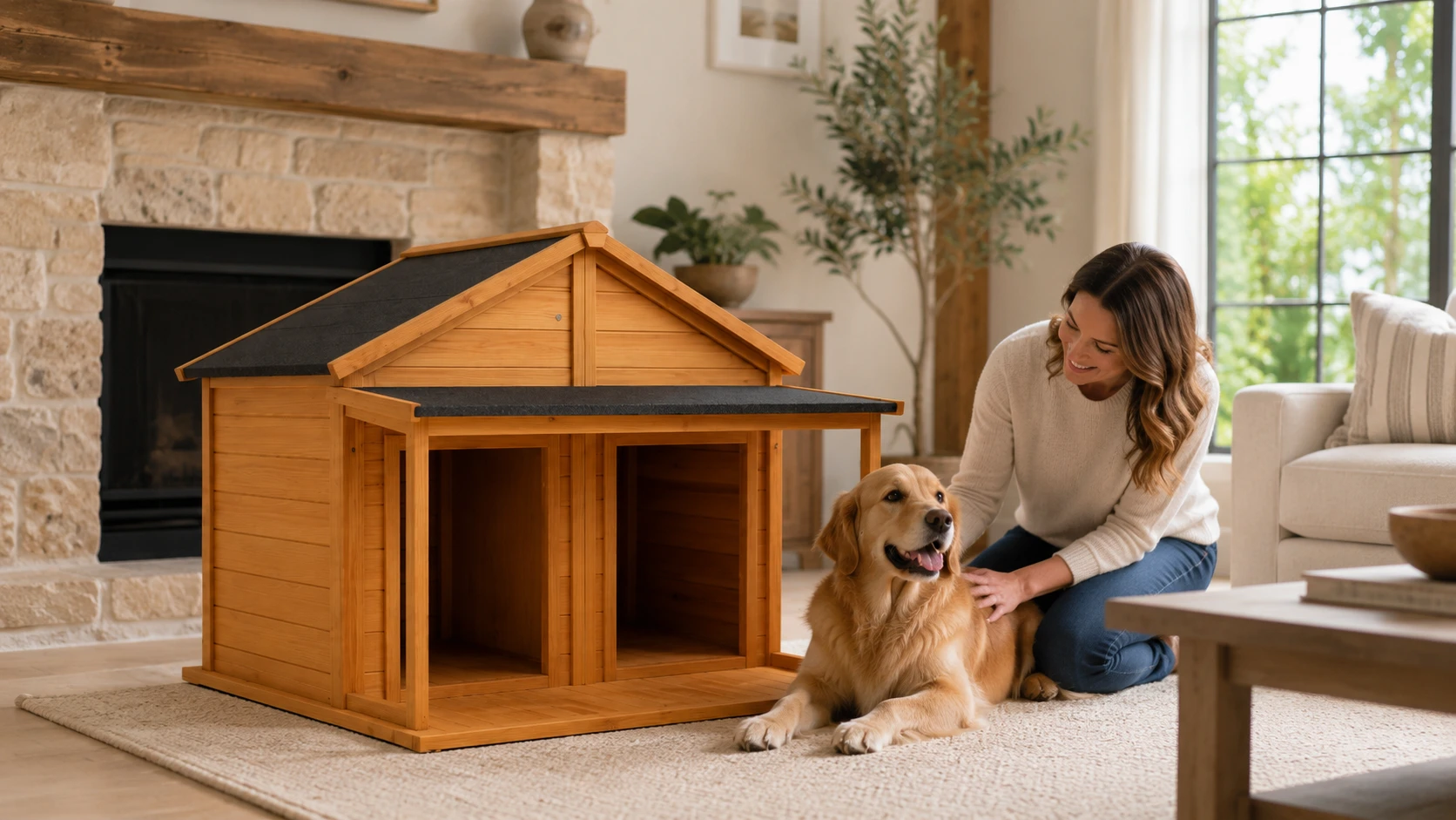 Solid Wood Dual-Compartment Rainproof Pet House · Golden Retriever in Morning Sunlight · GuardHound DOG