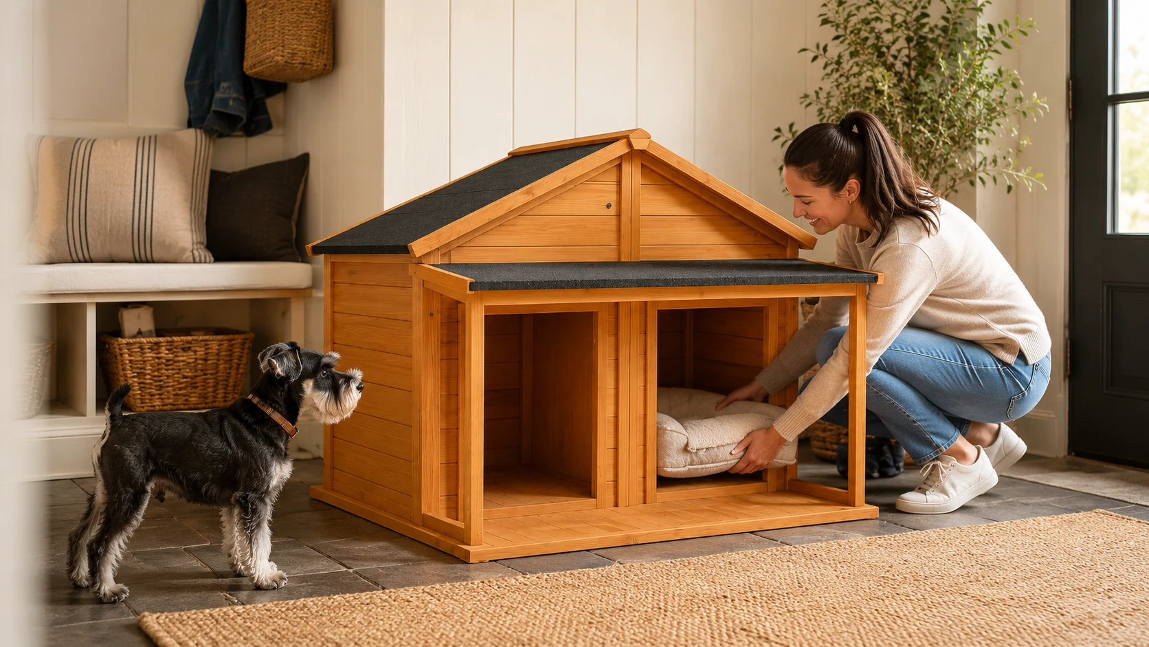 Solid Wood Dual-Compartment Rainproof Pet House · German Shepherd in Afternoon Garden · GuardHound DOG
