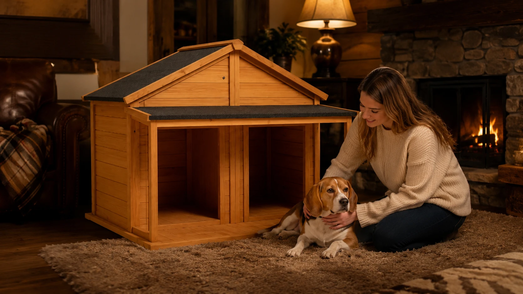 Solid Wood Dual-Compartment Rainproof Pet House · French Bulldog at Night · GuardHound DOG