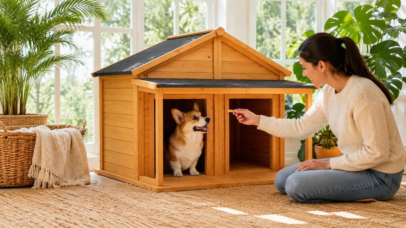 Solid Wood Dual-Compartment Rainproof Pet House · Labrador at Dusk · GuardHound DOG