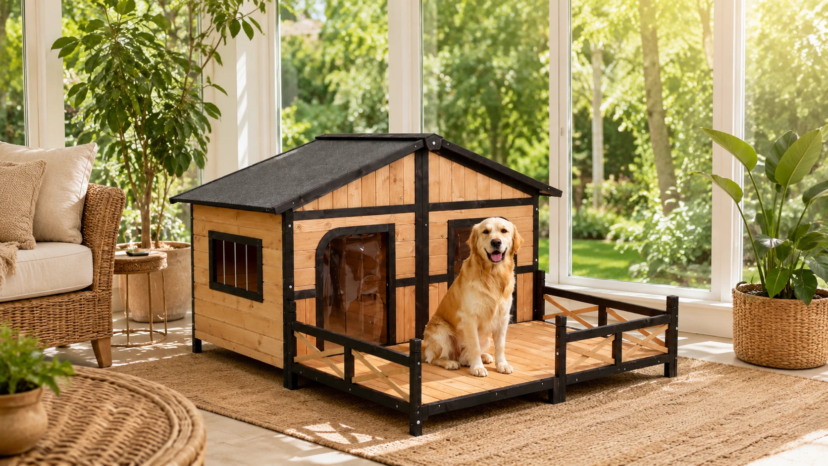 Wooden Dog House with Terrace and Veranda · Natural Solid Wood · GuardHound DOG