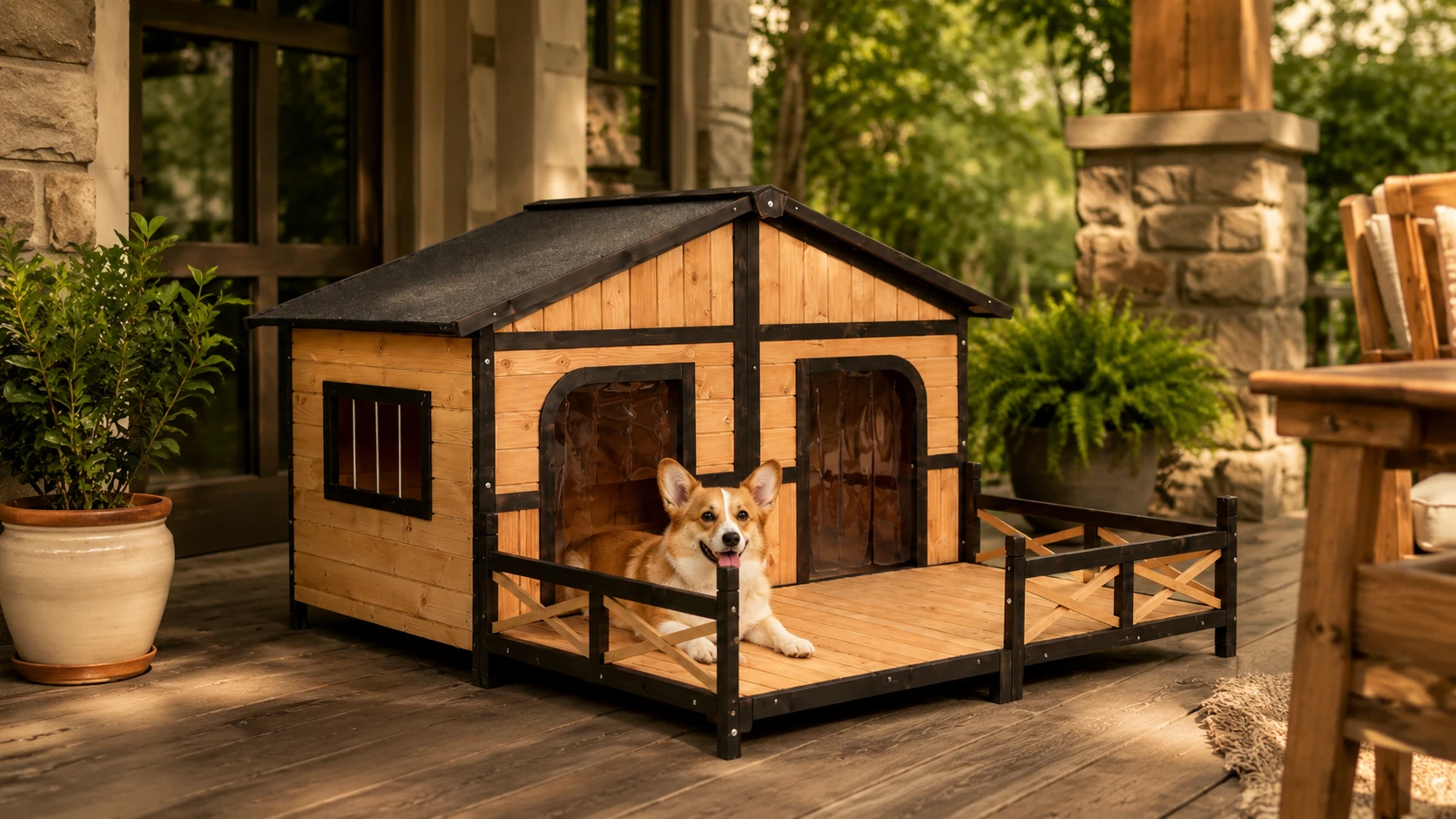 Wooden Dog House with Terrace and Veranda · Sloped Roof Design · GuardHound DOG