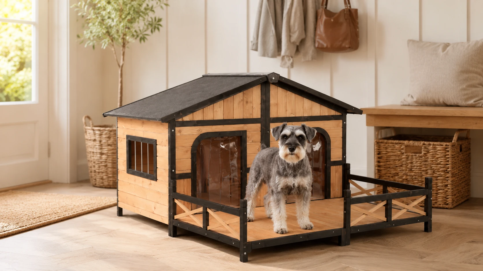 Wooden Dog House with Terrace and Veranda · Clear Rain Curtain · GuardHound DOG