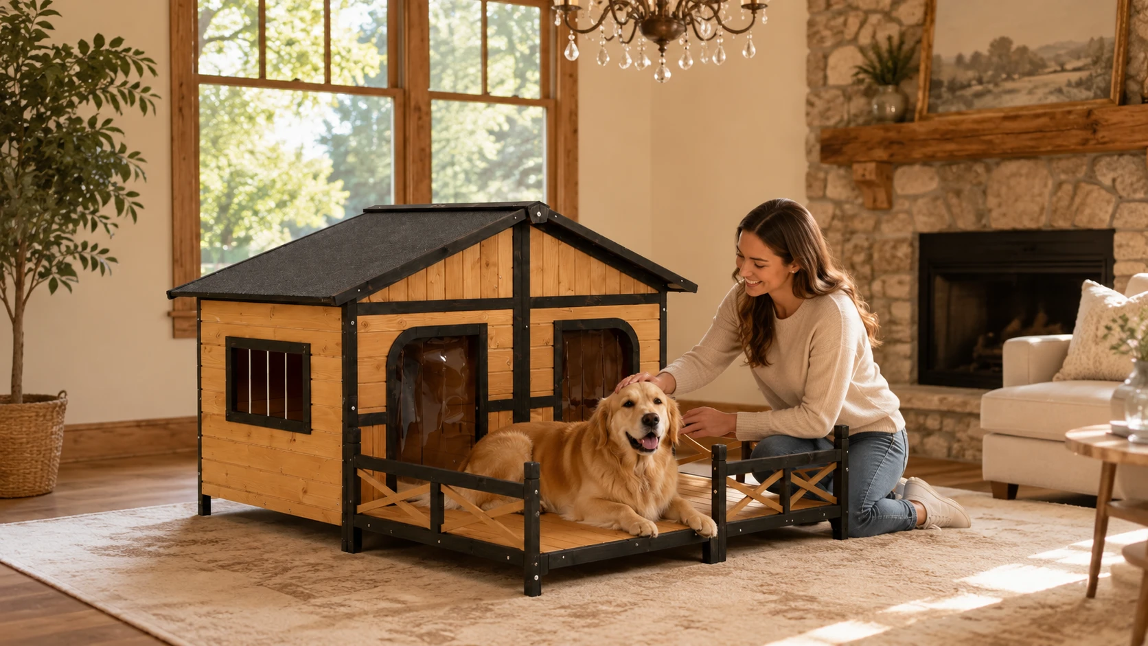 Wooden Dog House with Terrace and Veranda · Morning Warm Light · GuardHound DOG