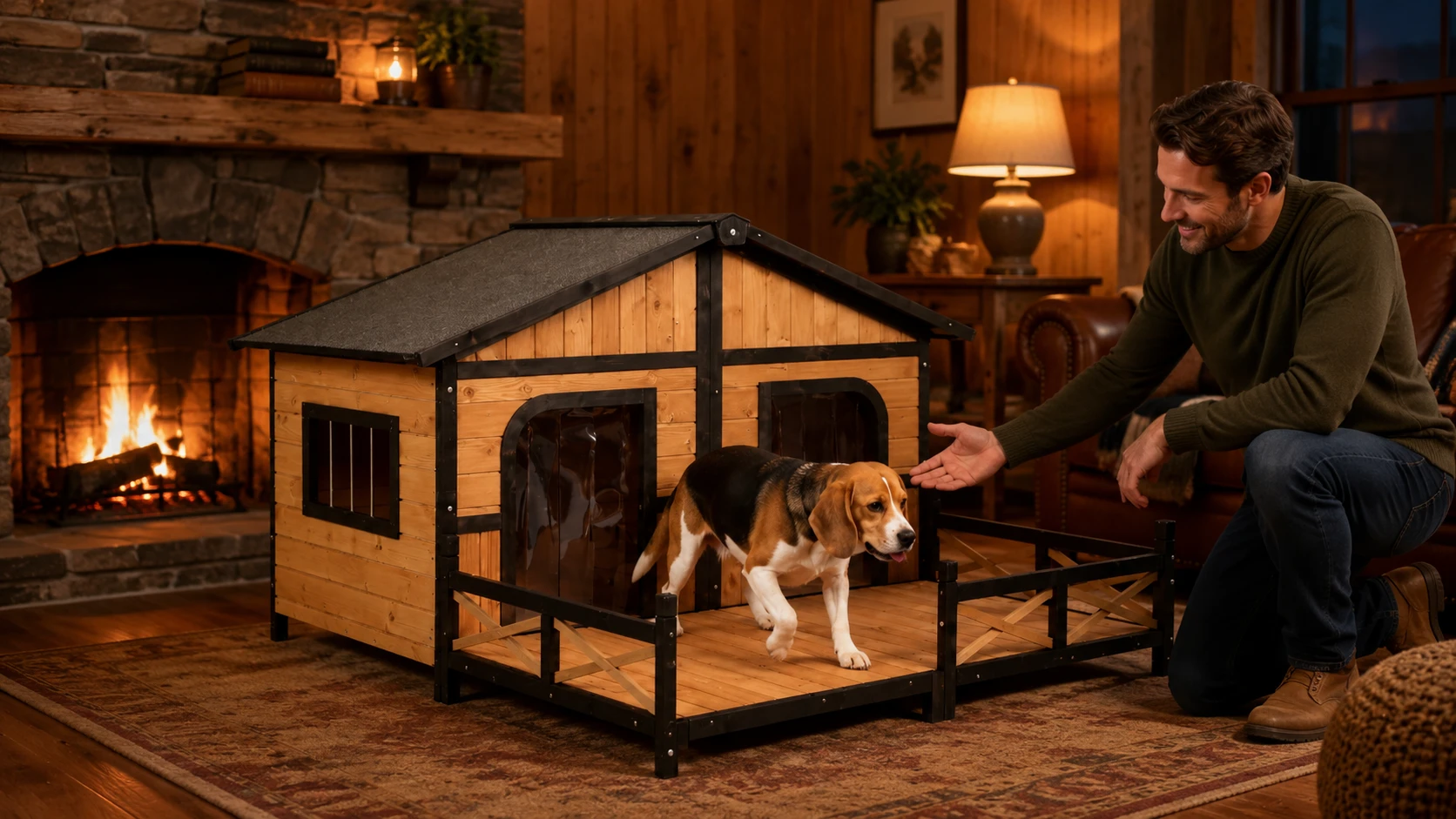 Wooden Dog House with Terrace and Veranda · Cozy Night · GuardHound DOG