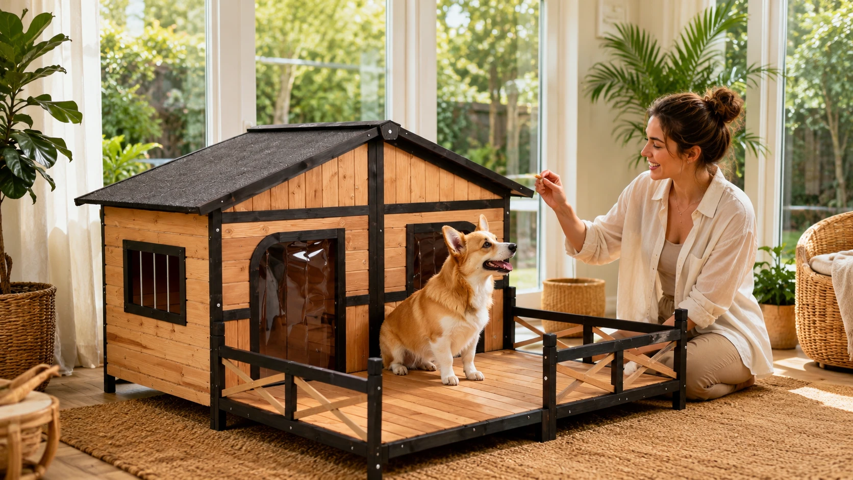 Wooden Dog House with Terrace and Veranda · Evening Watch · GuardHound DOG