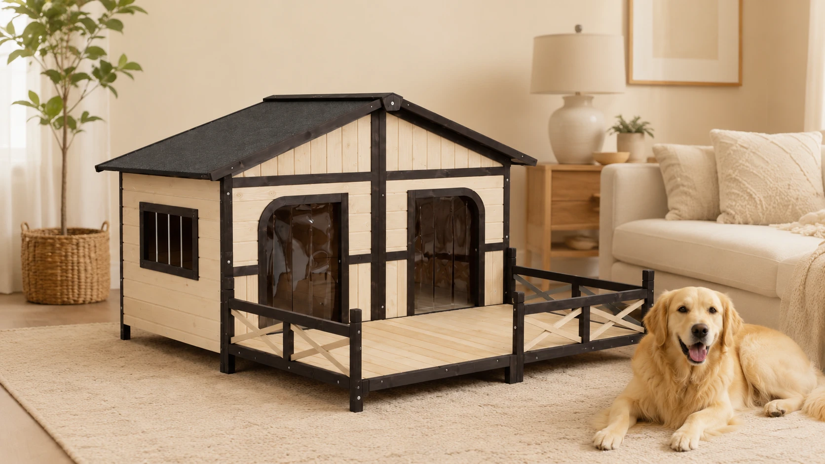 Wooden Dog House with Terrace and Veranda · Warm Linen Wood · GuardHound DOG