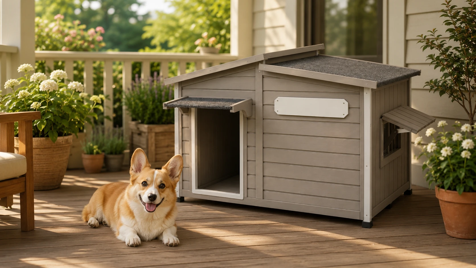 Solid Wood Weatherproof Outdoor Dog House · Ventilation Window · GuardHound DOG