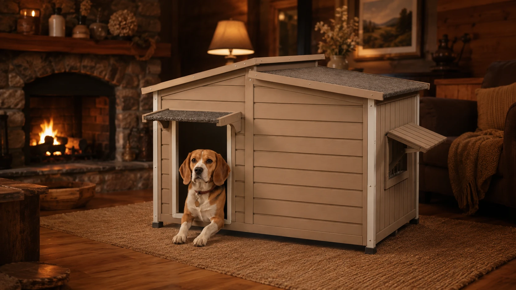 Solid Wood Weatherproof Outdoor Dog House · Rainproof Porch · GuardHound DOG