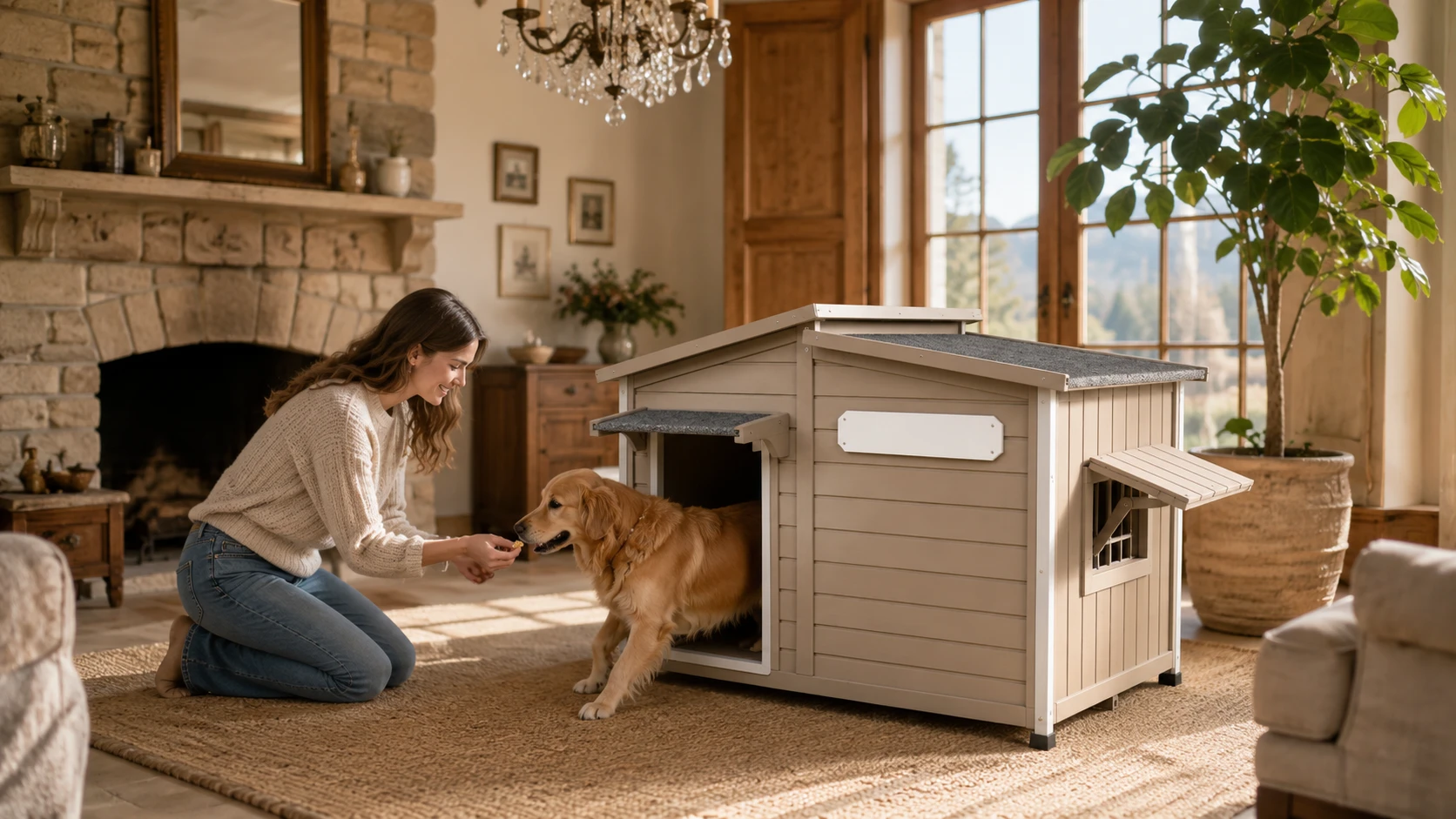 Solid Wood Weatherproof Outdoor Dog House · Evening Companionship · GuardHound DOG