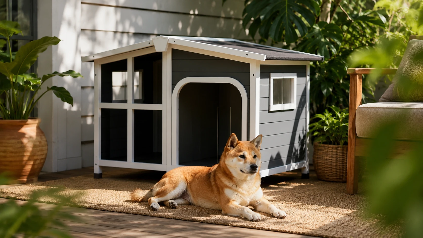 Outdoor Solid Wood Waterproof Dog House with Porch · Lockable Grille Door · GuardHound DOG