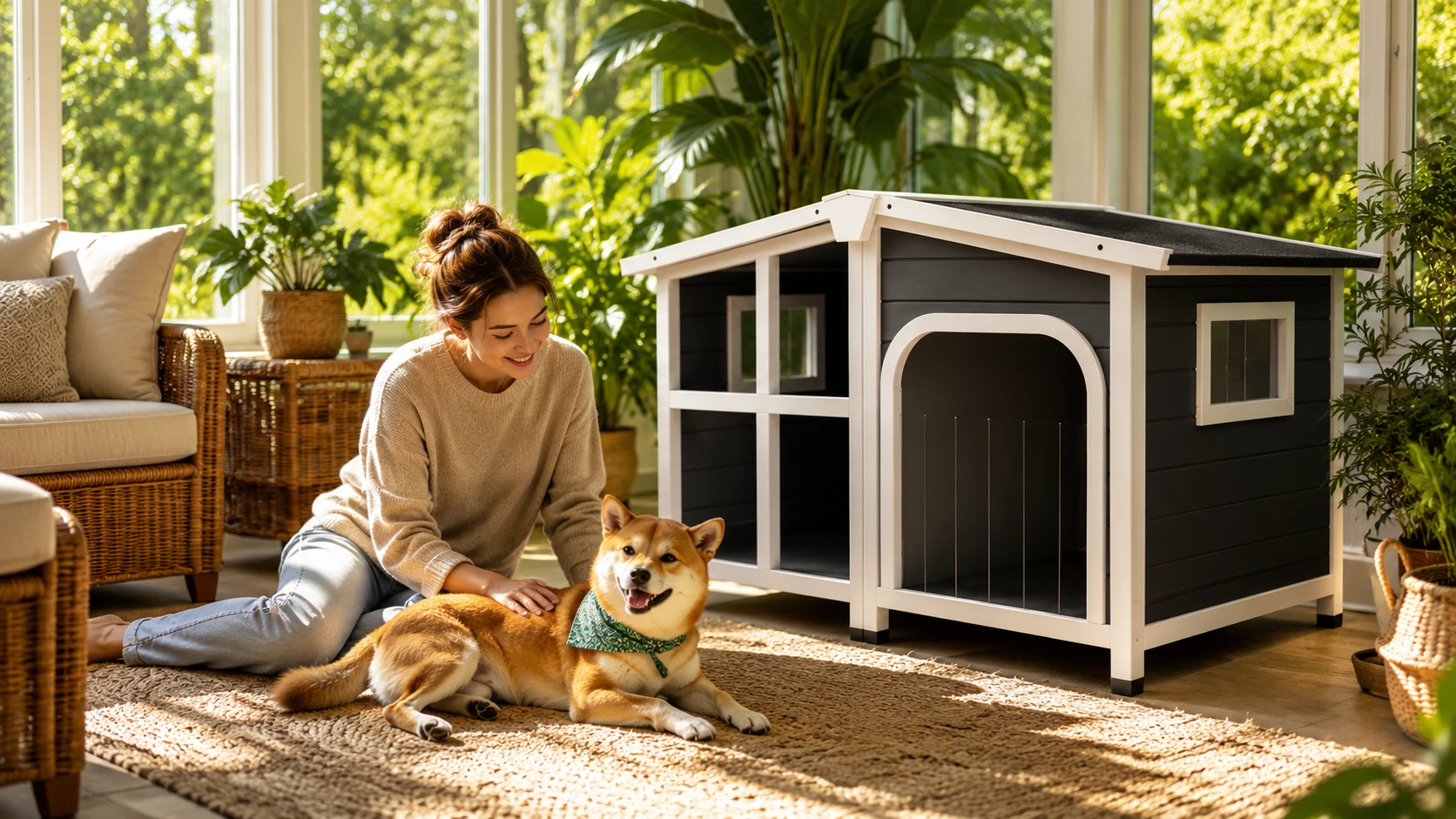 Outdoor Solid Wood Waterproof Dog House with Porch · Afternoon Family Time · GuardHound DOG