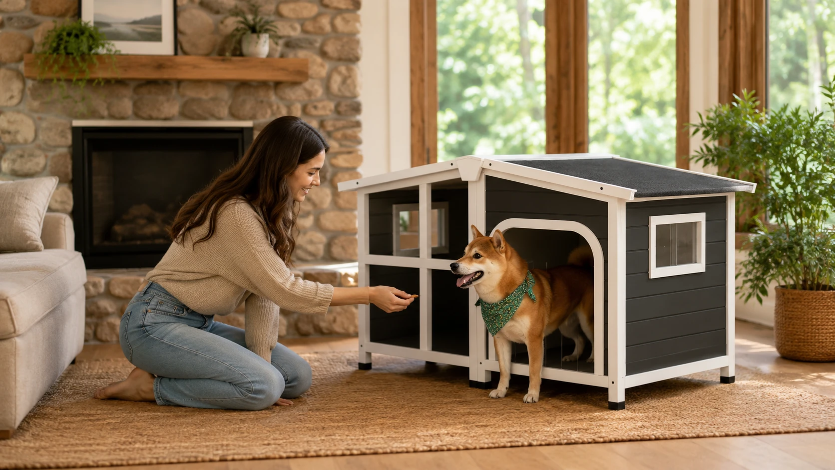 Outdoor Solid Wood Waterproof Dog House with Porch · Evening Playtime · GuardHound DOG
