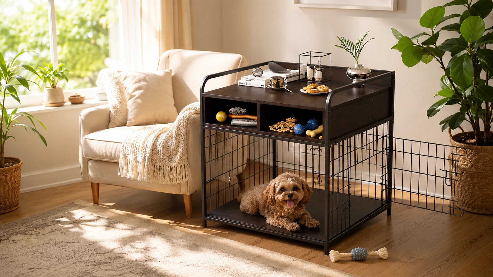 Deep Brown Wooden Pet Storage Cabinet · Sturdy Metal Frame · GuardHound DOG