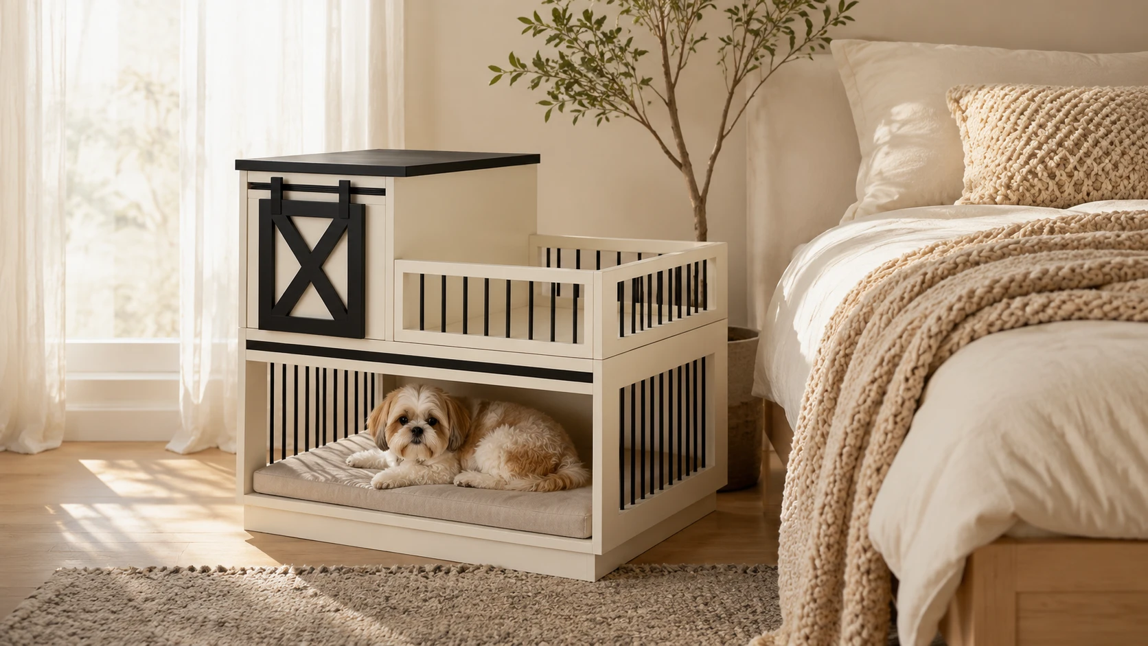 Wooden Double-Layer Pet Nightstand Cage · Safe Ventilated Fence · GuardHound DOG