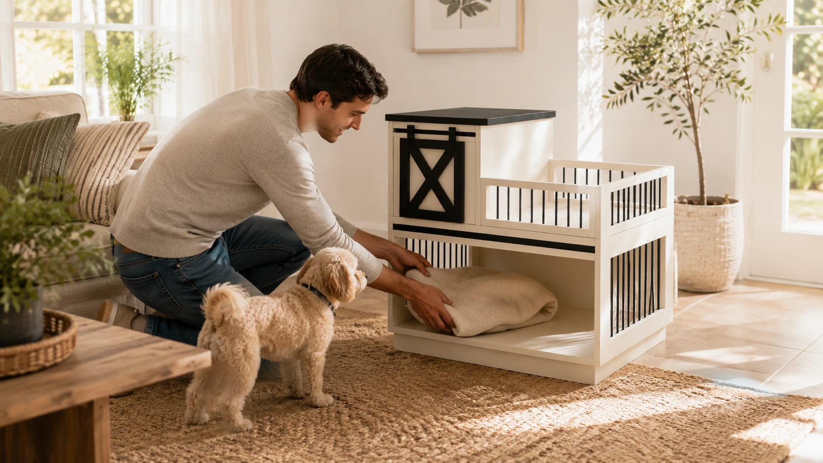 Wooden Double-Layer Pet Nightstand Cage · Living Room Afternoon · GuardHound DOG