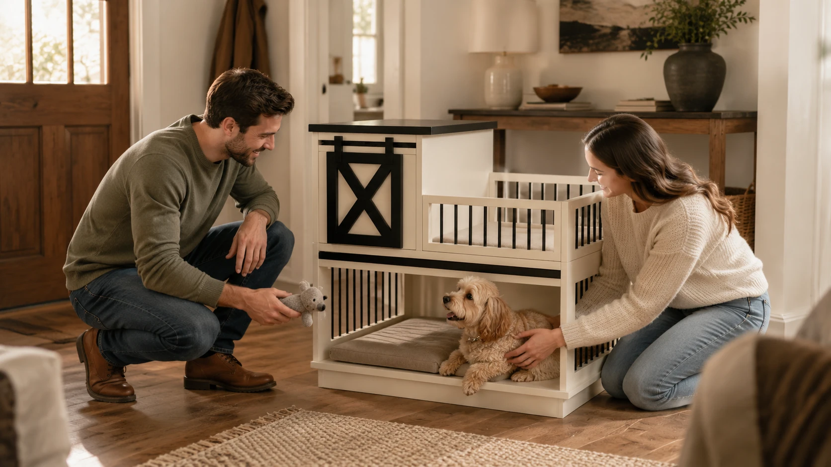 Wooden Double-Layer Pet Nightstand Cage · Warm Bedroom Night · GuardHound DOG