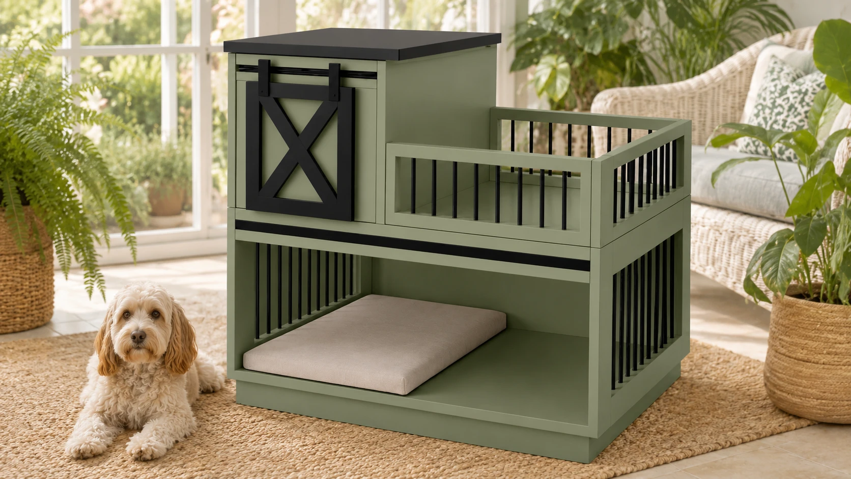 Wooden Double-Layer Pet Nightstand Cage · Sage Gray · GuardHound DOG