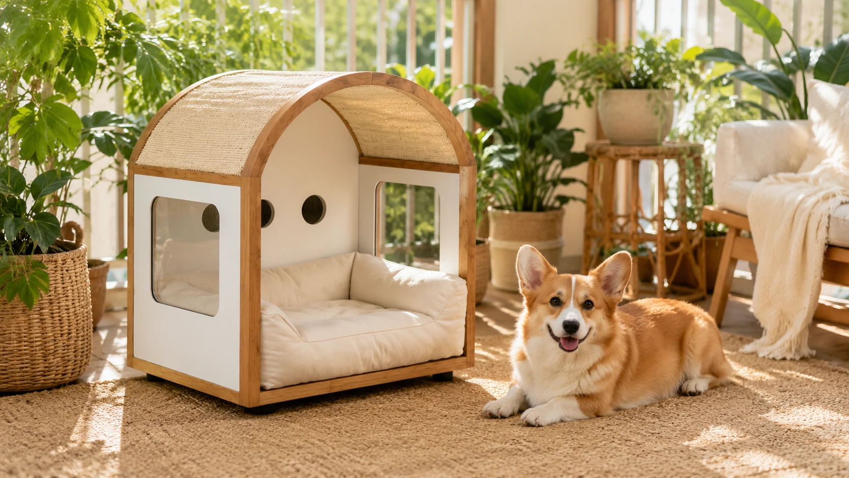 Arched Acrylic Pet House with Cozy Cotton Interior · Natural Woven Roof · GuardHound DOG