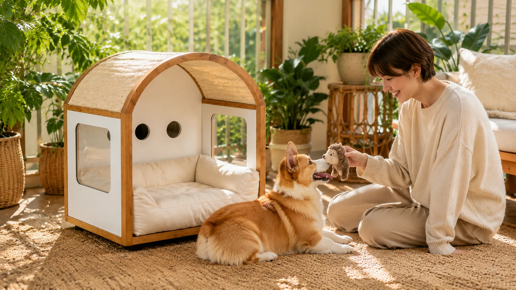 Arched Acrylic Pet House with Cozy Cotton Interior · Morning Golden Companion · GuardHound DOG