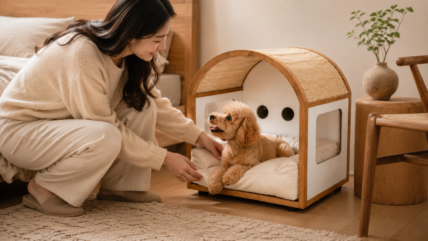 Arched Acrylic Pet House with Cozy Cotton Interior · Dusk Bonding Moment · GuardHound DOG