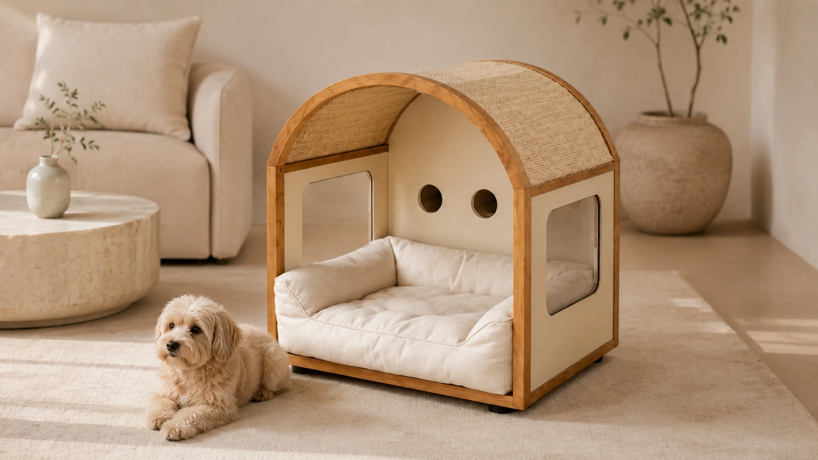 Arched Acrylic Pet House with Cozy Cotton Interior · Warm Rattan Beige · GuardHound DOG