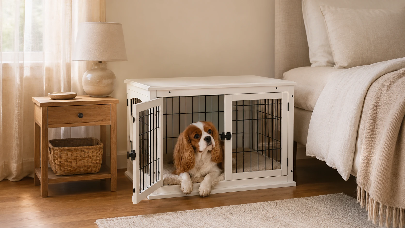 Adjustable Space Pet Crate with Wood Accents · Secure Dual Lock · GuardHound DOG