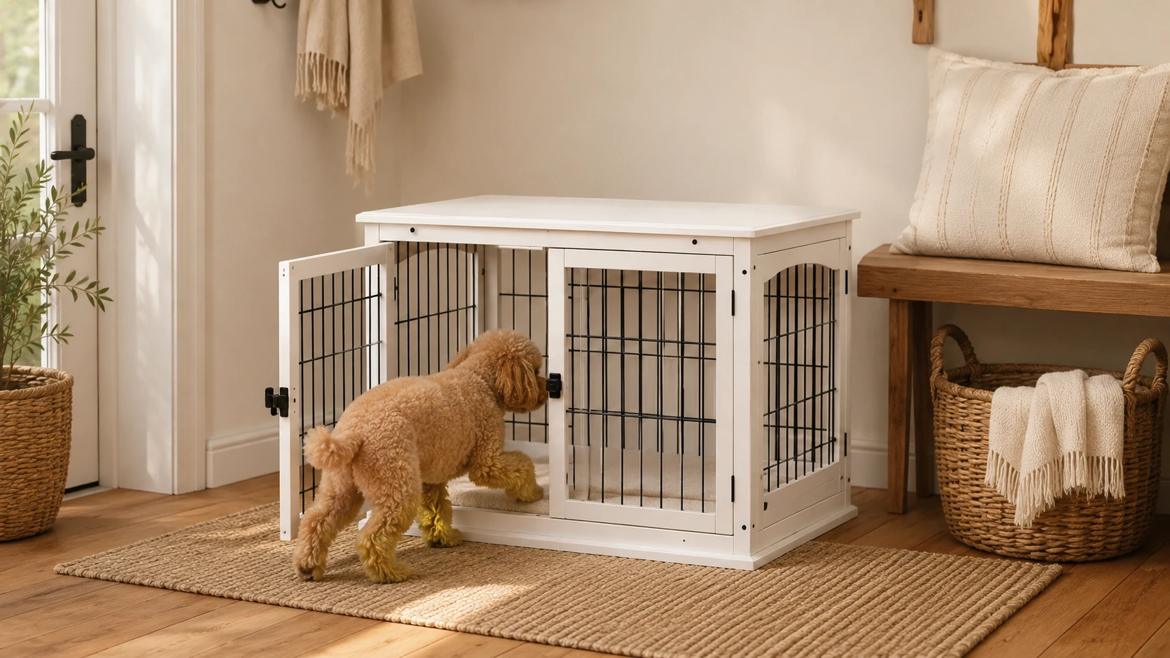 Adjustable Space Pet Crate with Wood Accents · Clean White Design · GuardHound DOG