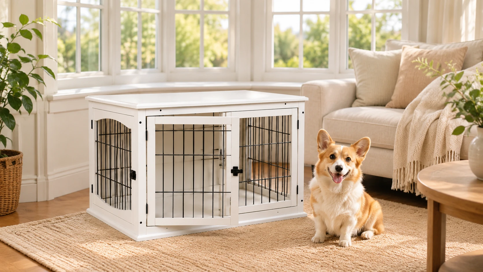 Adjustable Space Pet Crate with Wood Accents · Sturdy Wood Frame · GuardHound DOG