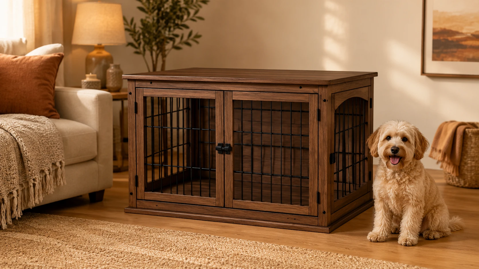 Adjustable Space Pet Crate with Wood Accents · Smoked Oak · GuardHound DOG