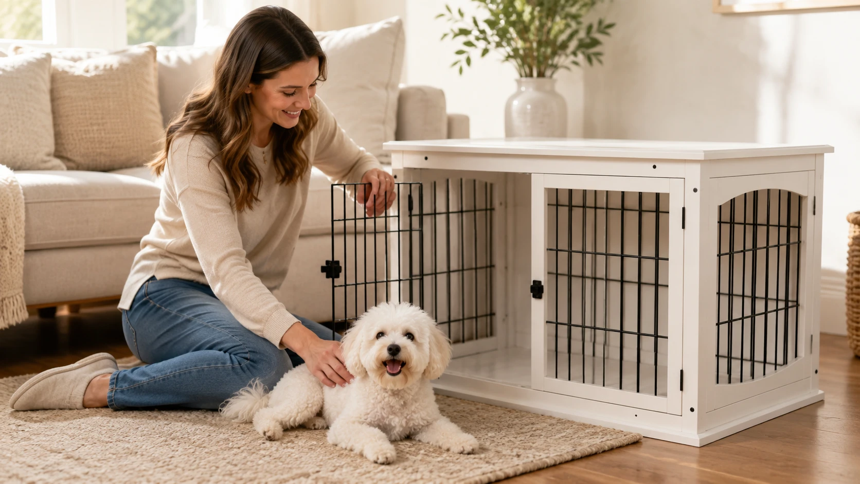 Adjustable Space Pet Crate with Wood Accents · Golden Retriever in Sunlit Living Room · GuardHound DOG