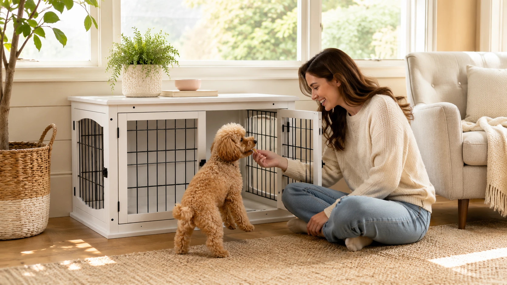 Adjustable Space Pet Crate with Wood Accents · German Shepherd in Kitchen · GuardHound DOG