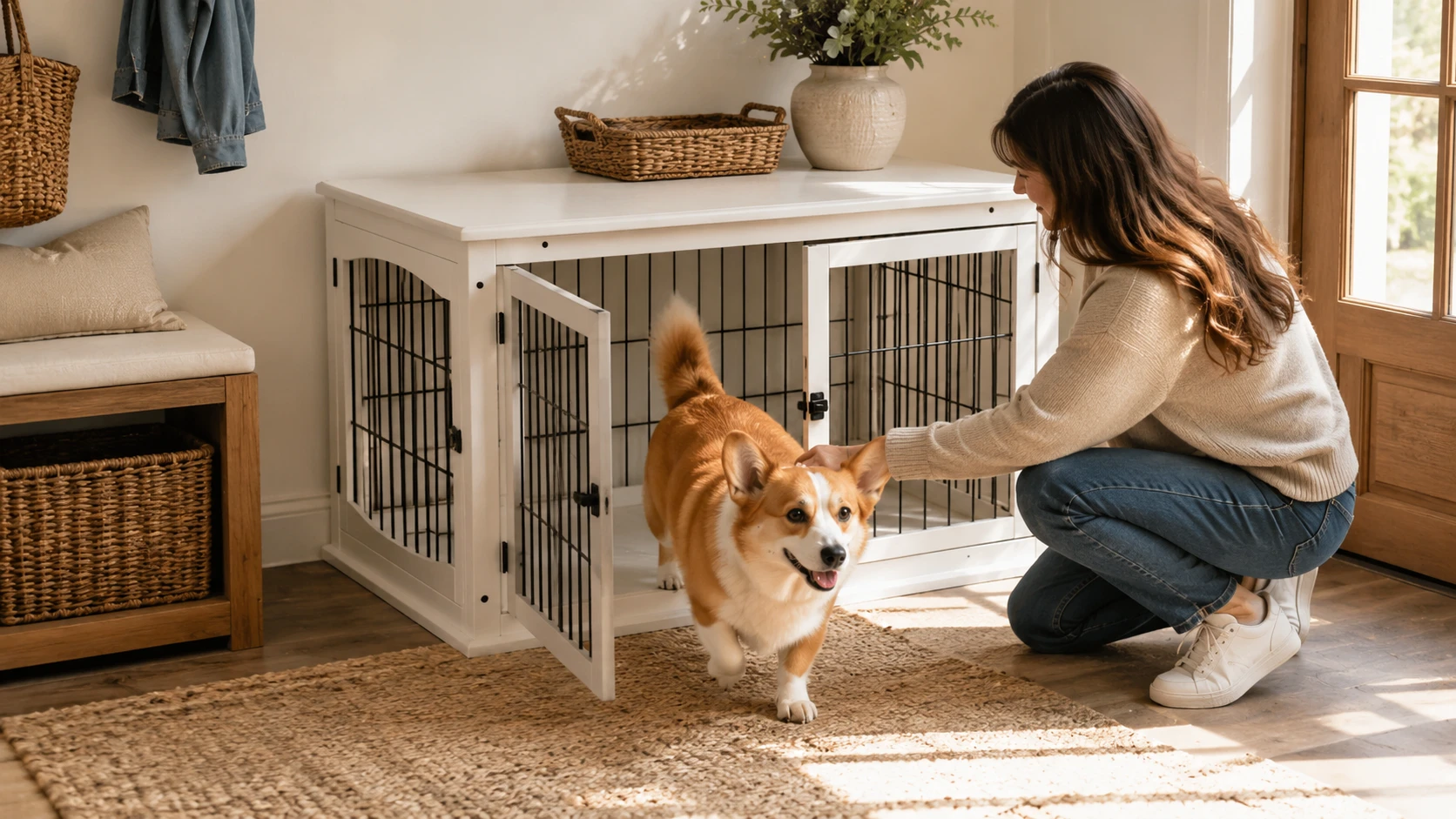 Adjustable Space Pet Crate with Wood Accents · Samoyed by French Window · GuardHound DOG