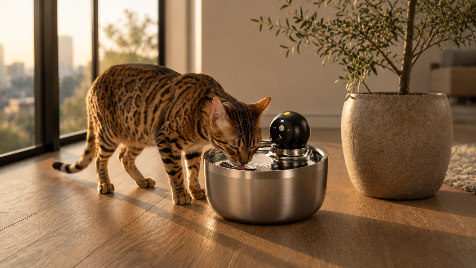 Stainless Steel Smart Pet Water Fountain · Afternoon Living Room · GuardLynx