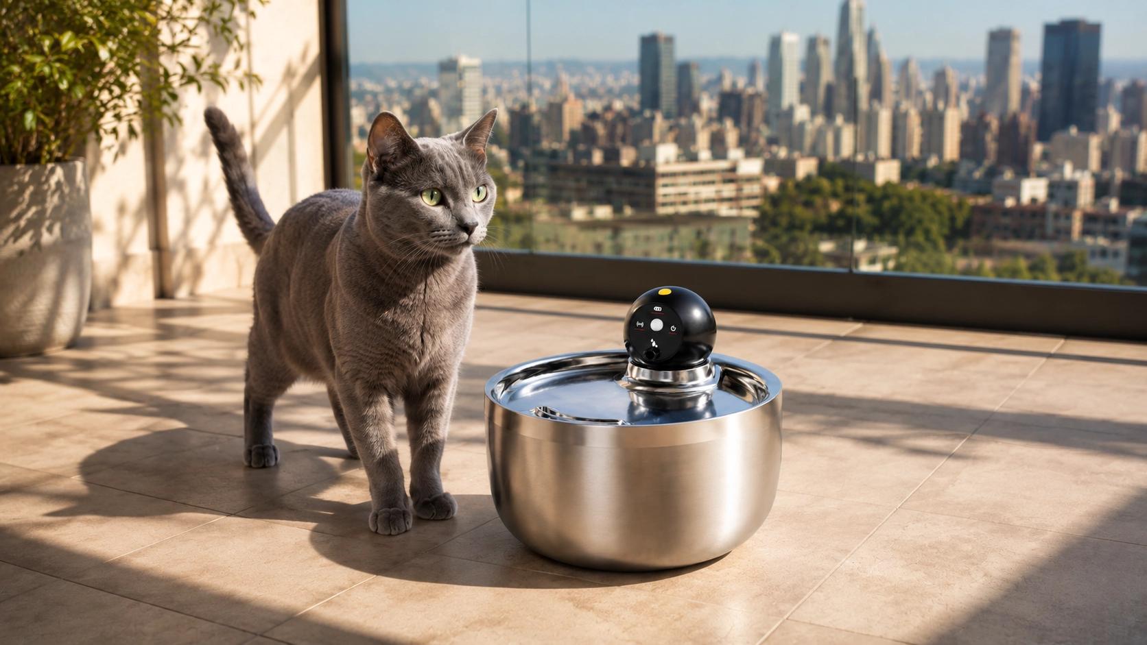 Stainless Steel Smart Pet Water Fountain · Balcony Afternoon · GuardLynx