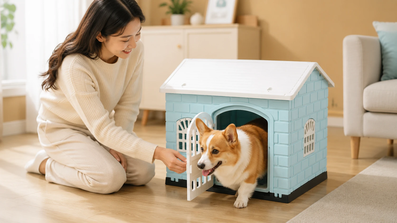 All-Season Dog House for Small to Medium Breeds · Sunny Living Room Afternoon · GuardHound DOG