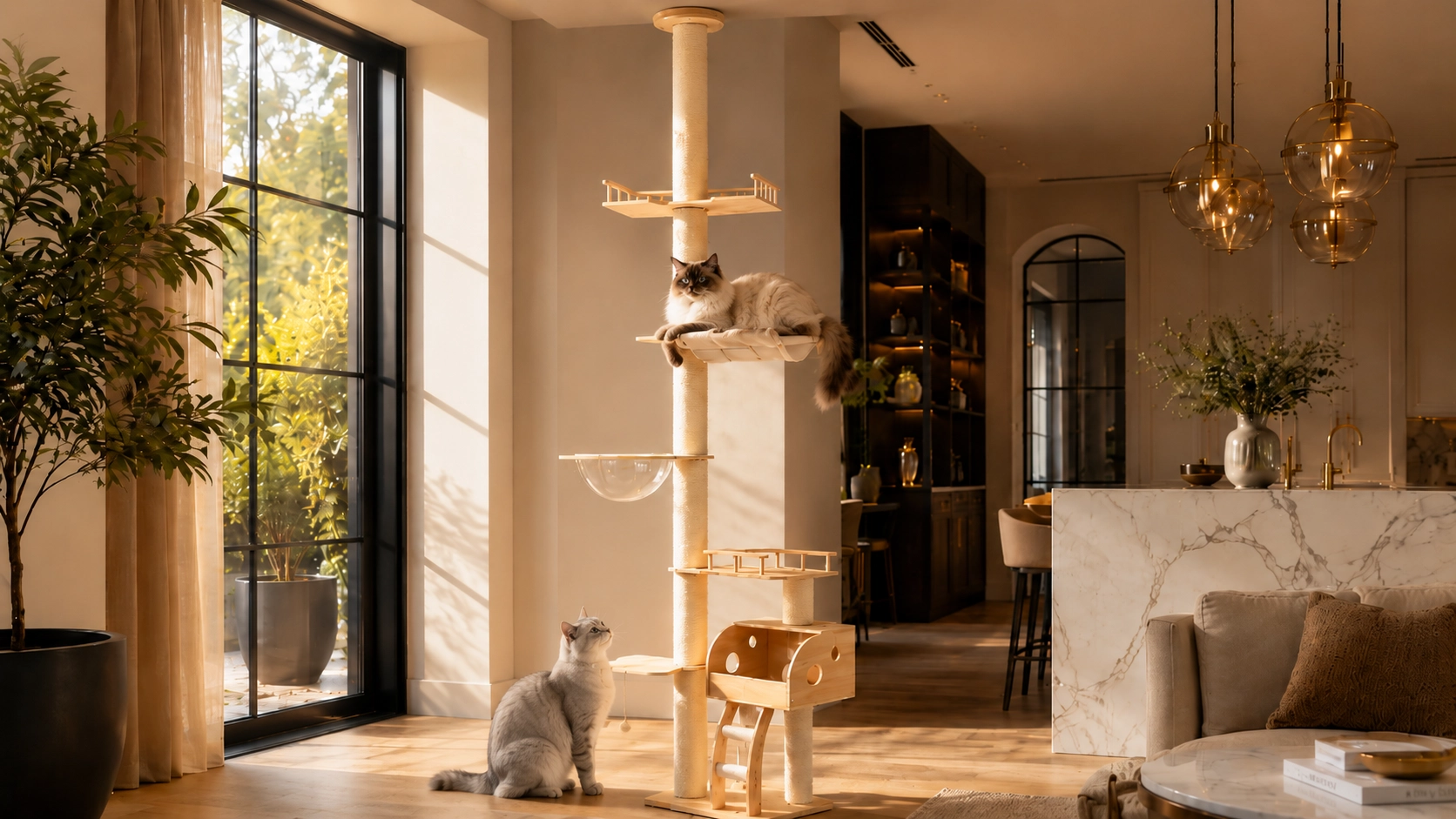 GuardLynx Ceiling-to-Floor Cat Tree Tower · Solid Wood Construction · GuardLynx