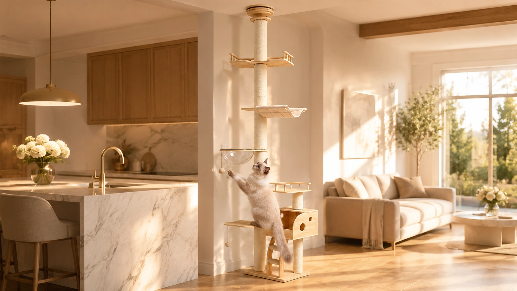 GuardLynx Ceiling-to-Floor Cat Tree Tower · Light Wood · GuardLynx