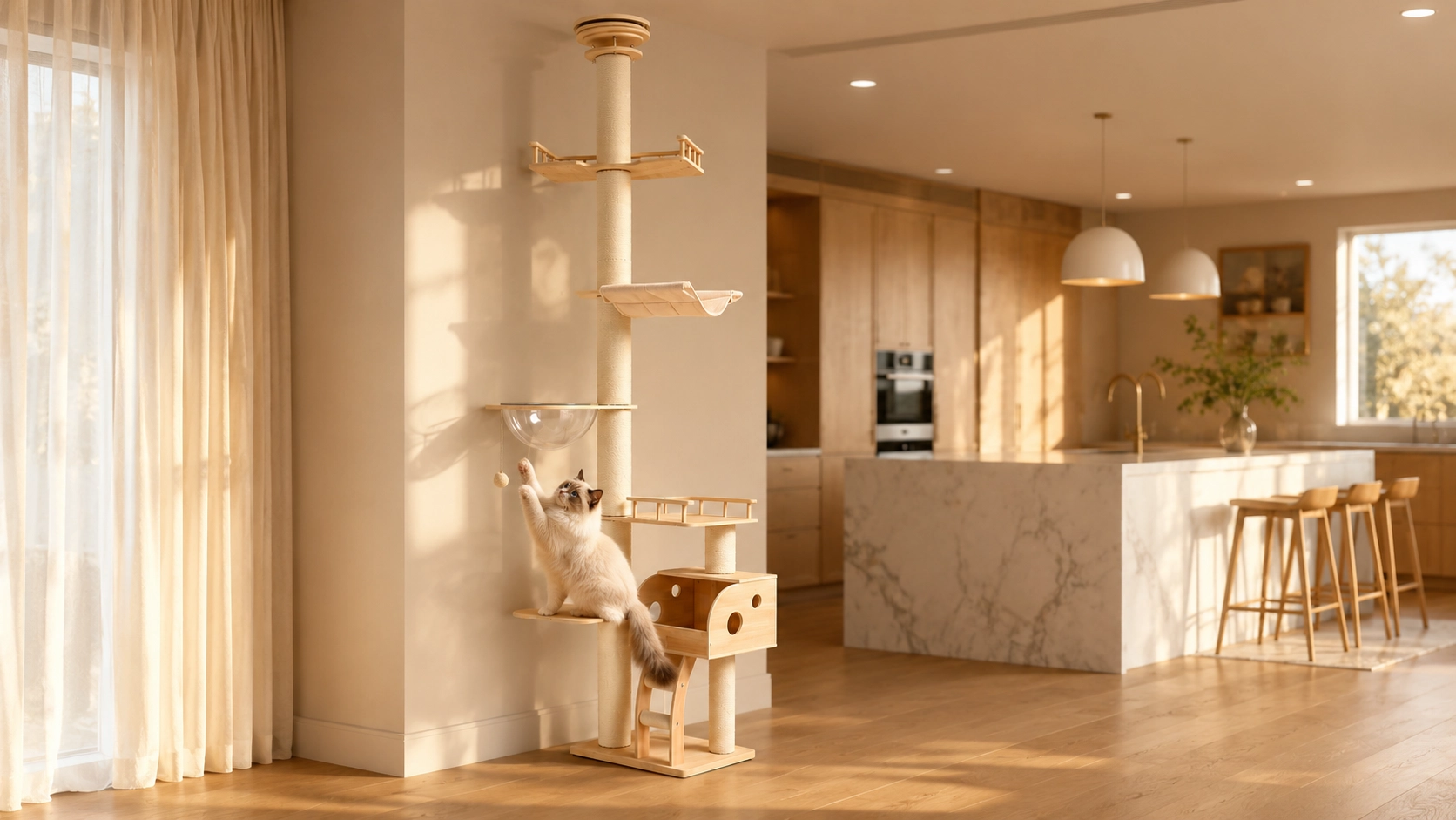GuardLynx Ceiling-to-Floor Cat Tree Tower · Morning Sunlight Play · GuardLynx