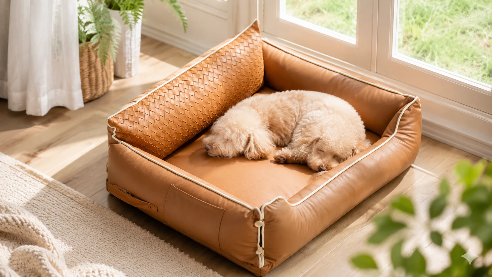 Luxury Faux Leather Dog Bed · Stylish White Piping · GuardHound DOG